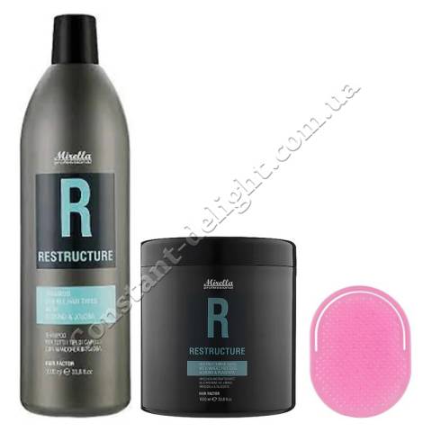 Набор для восстановления всех типов волос шампунь + маска + щетка для шампунирования Mirella Professional R Restructure Kit 2x1000 ml